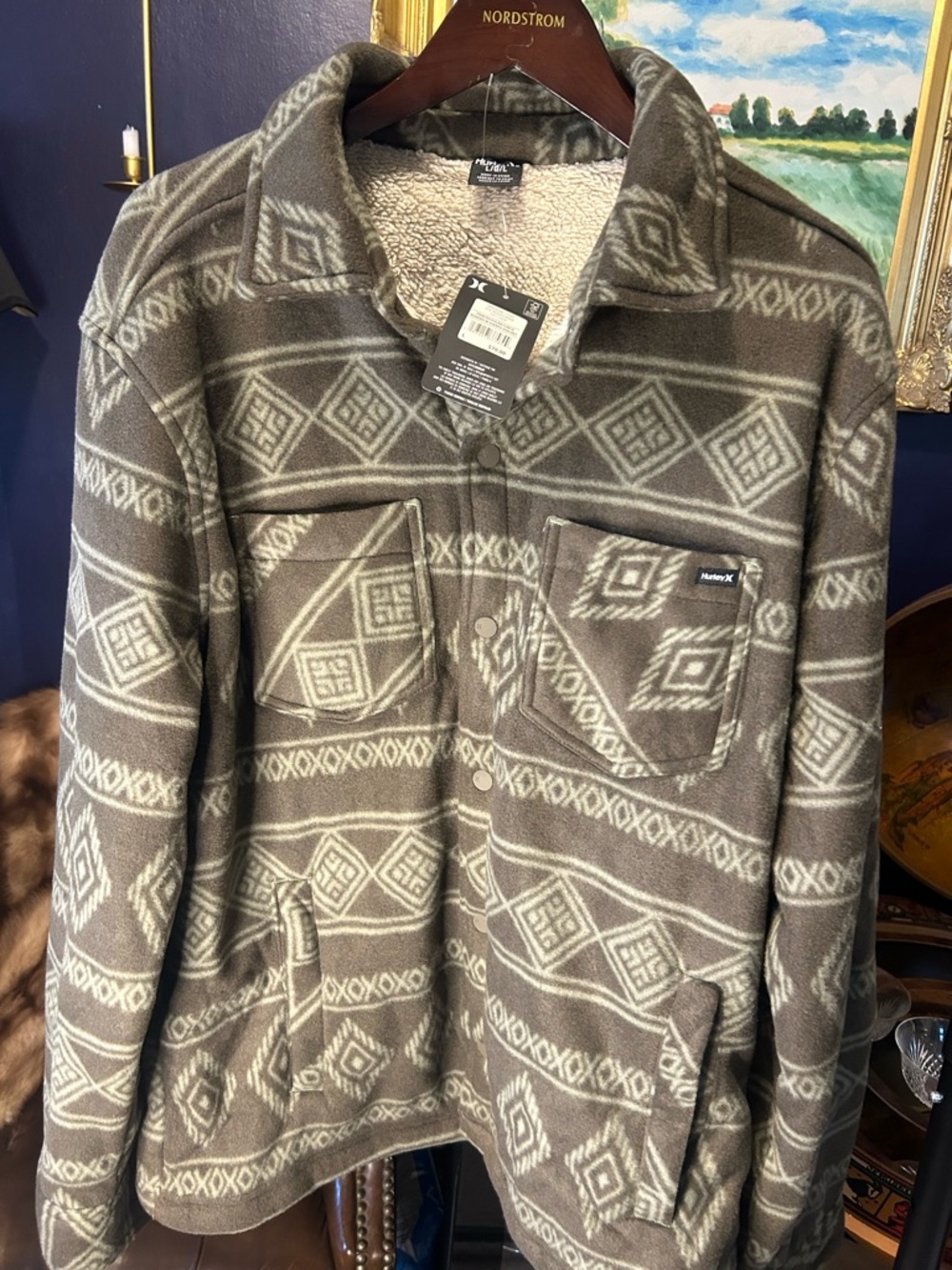 Hurley Olive Gray Patterned Sherpa-Lined Jacket